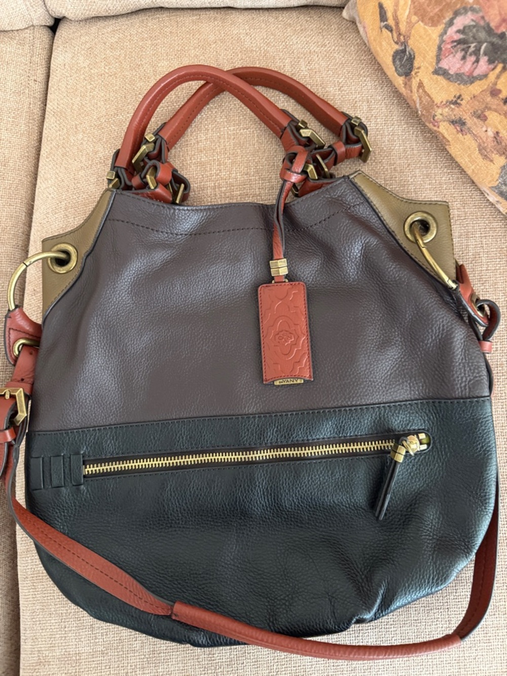 orYANY Tri-Color Leather Shoulder Bag in Brown, Black & Rust